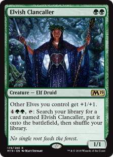 Elvish Clancaller
 Other Elves you control get +1/+1.
{4}{G}{G}, {T}: Search your library for a card named Elvish Clancaller, put it onto the battlefield, then shuffle.